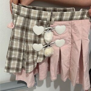 Kpop Plaid and Pink Pleated Skort with Heart Accents